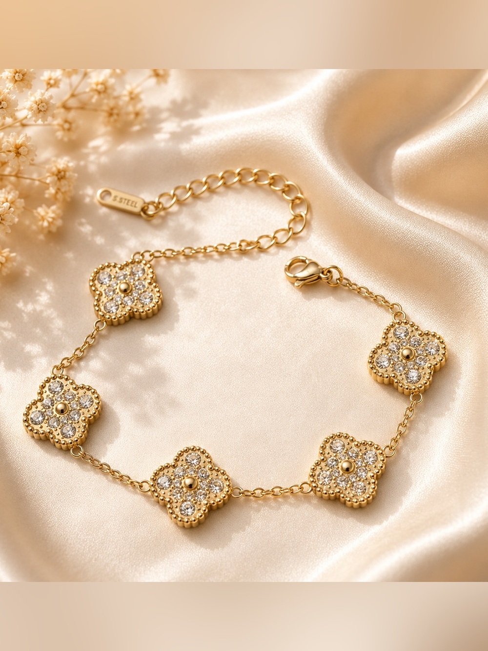 Gold Plated Crystal Clover Link Bracelet - Unbranded